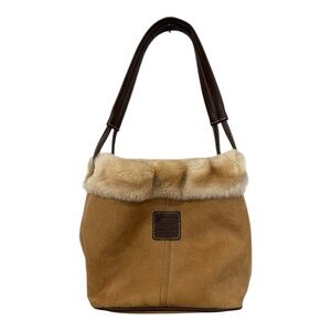 Brown faux suede faux fur trimmed small top handle bag purse